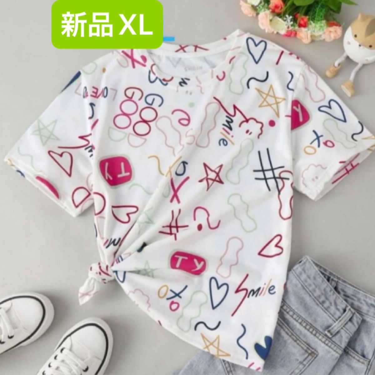 新品　レディース　半袖Tシャツ　ホワイト×ピンク　ハート柄　落書き風　 XL 韓国風