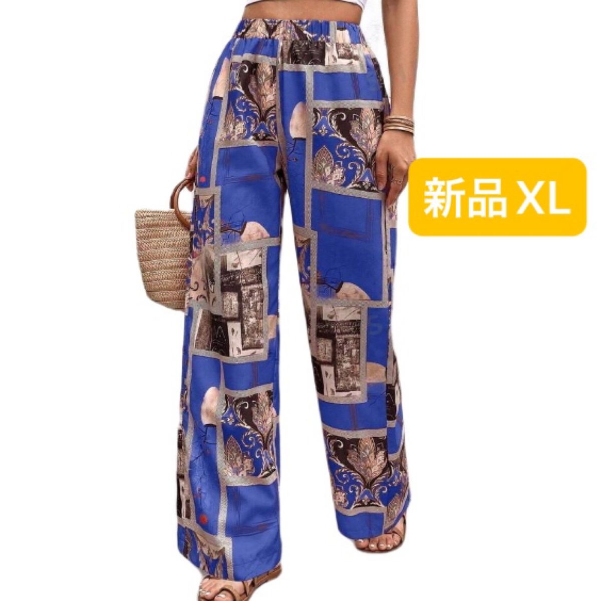 新品　レディース　スカーフ柄パンツ　イージーパンツ　XL ブルー　韓国風　ウエストゴム　アジアン