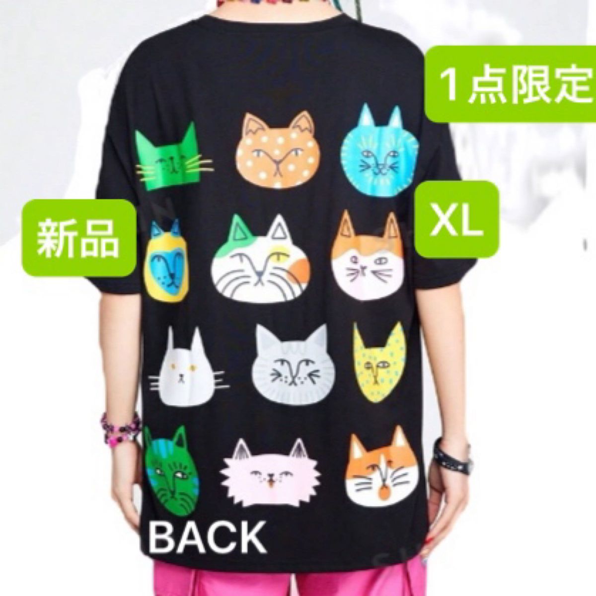 新品　レディース　半袖Tシャツ　ブラック　黒　韓国風　XL ゆったり　大きいサイズ　バックプリント　ネコ　猫　