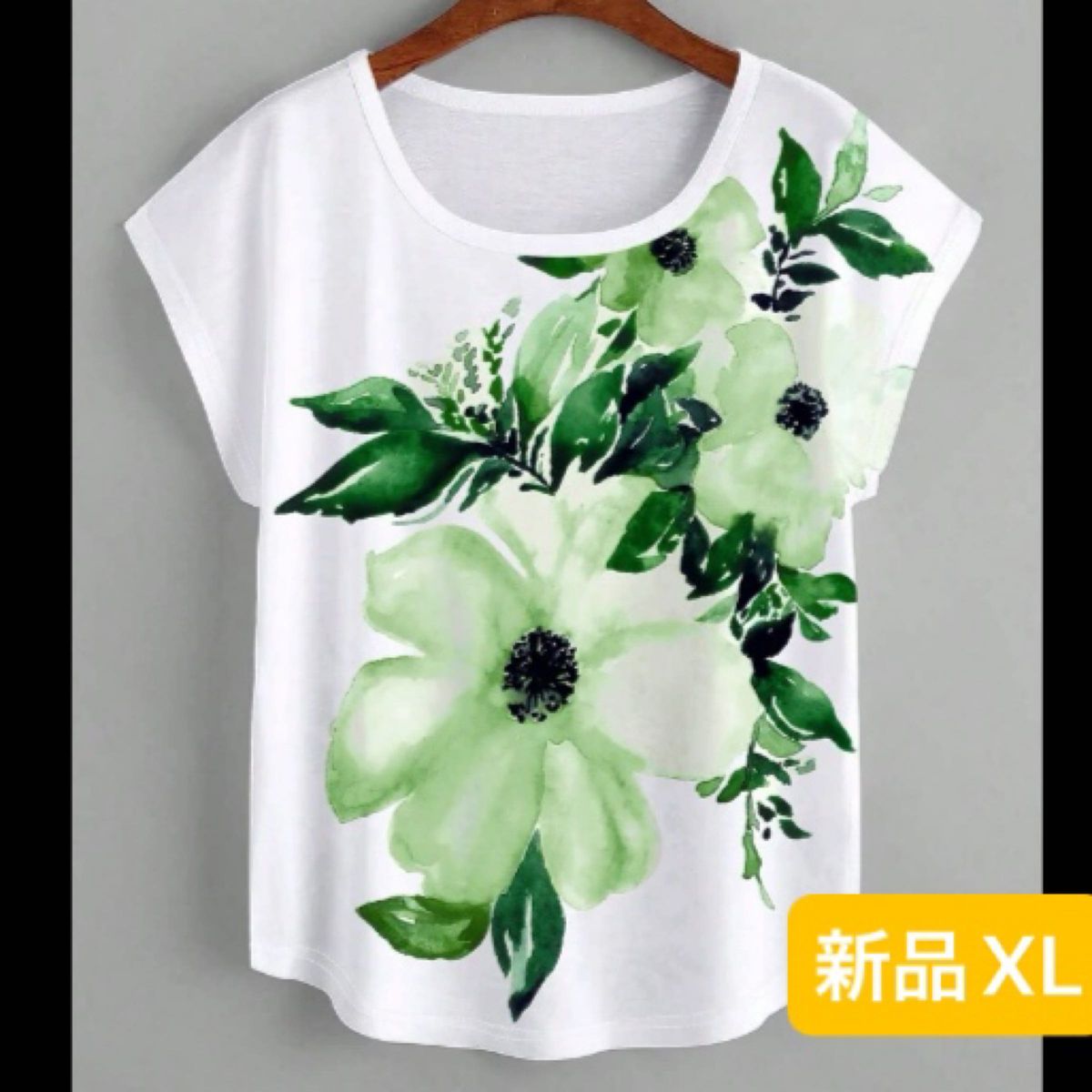 新品　レディース　半袖Tシャツ トップス　ホワイト×グリーン　花柄　薄手　XL 韓国風　ゆったり ボタニカル