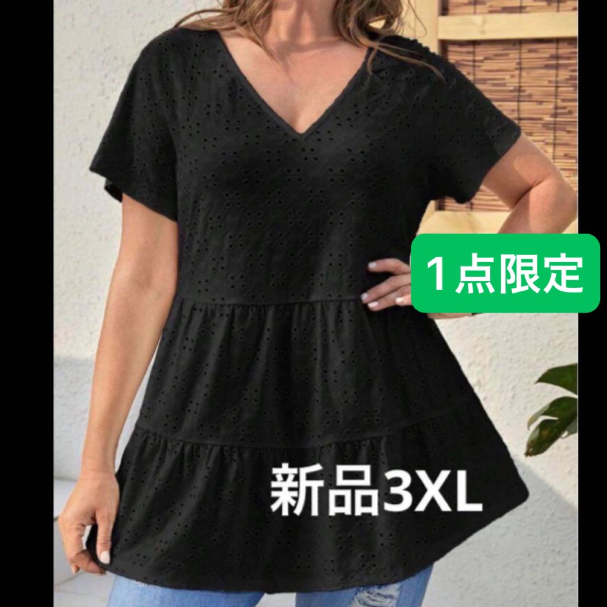 新品半袖シャツ　刺繍　ブラック　フリル袖　ＶネックAライン　3XL 大きいサイズ　4L