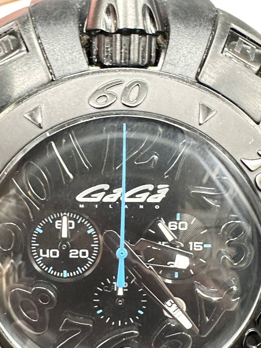 H5565 GaGaMILANOガガミラノ48MMクロノグラフメンズ腕時計クォーツプッシュボタンラバーベルト高級ラインフルブラック_画像3