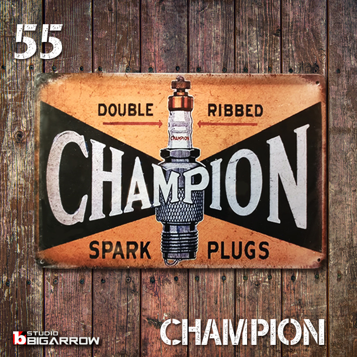 55 ブリキ看板 20×30㎝ CHAMPION SPARK PLUG チャンピオン ガレージ スチール アンティーク アメリカンインテリア 世田谷ベース