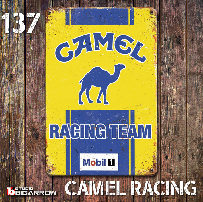 137 ブリキ看板 20×30㎝ CAMEL RACING TEAM キャメル ガレージ スチール アンティーク アメリカンインテリア 世田谷ベース