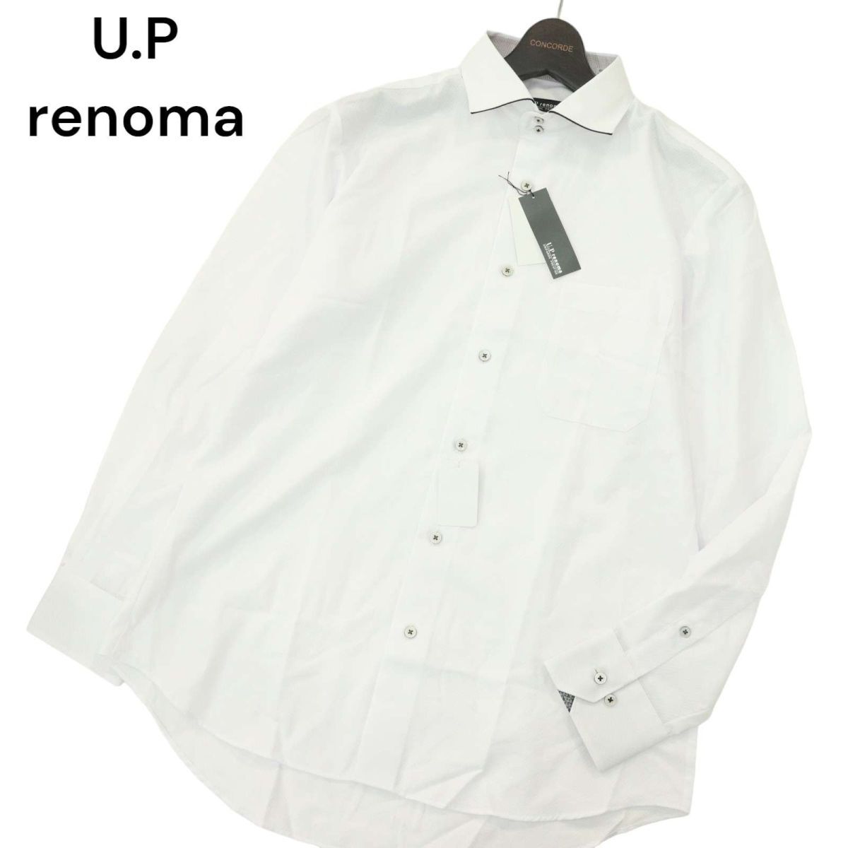 【新品 未使用】 U.P renoma ユーピー レノマ 通年 形態安定加工★ 総柄 長袖 シルキー ドレス シャツ Sz.L　メンズ 白　A4T05160_5#C_画像1