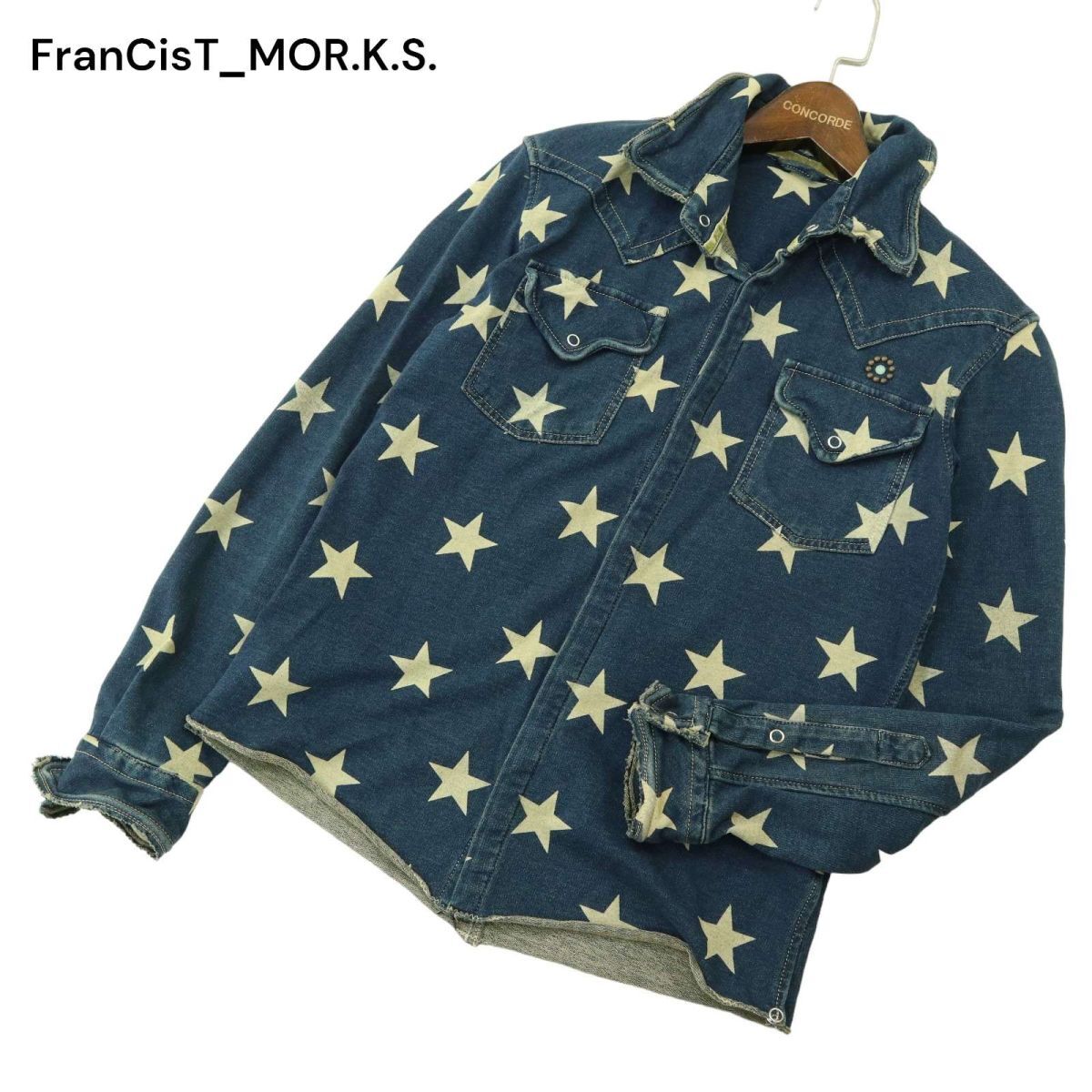 FranCisT_MOR.K.S. フランシストモークス スター総柄★ カットオフ スウェット デニム 長袖 ウエスタン シャツ Sz.1　メンズ　A4T05020_5#C_画像1