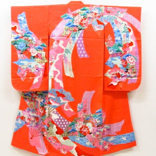 * кимоно 10* 1 иен шелк ребенок кимоно Junior для для девочки "Семь, пять, три" 7 лет для золотая краска нижняя рубашка комплект . длина 130cm.56cm [ включение в покупку возможно ] **