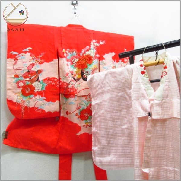 * kimono 10* 1 jpy silk child kimono for girl The Seven-Five-Three Festival three -years old for underskirt set . length 81cm.42cm [ including in a package possible ] **