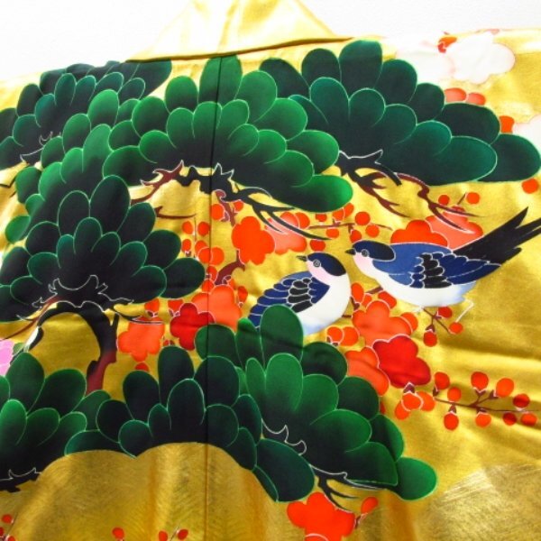 * kimono 10* 1 jpy silk strike . author thing gold paint bird . length 194cm.68cm [ including in a package possible ] ****