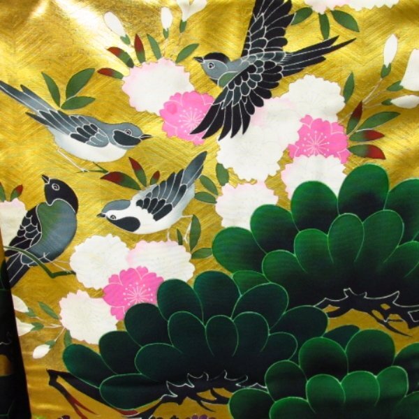 * kimono 10* 1 jpy silk strike . author thing gold paint bird . length 194cm.68cm [ including in a package possible ] ****