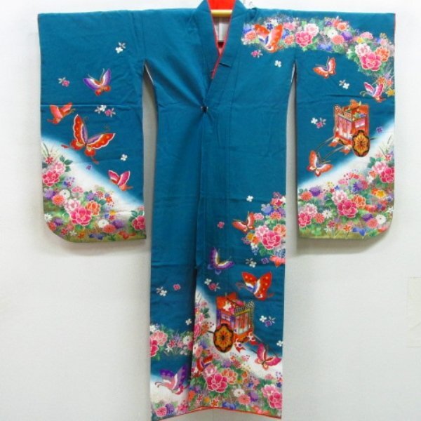 * кимоно 10* 1 иен .. ребенок кимоно для девочки Junior для "Семь, пять, три" 7 лет для нижняя рубашка комплект . длина 131cm.58.5cm [ включение в покупку возможно ] ***