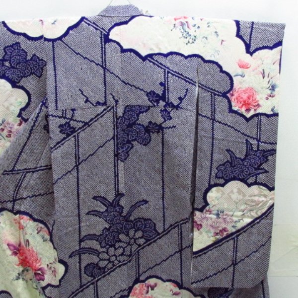 * kimono 10* 1 jpy silk long-sleeved kimono total aperture stop silver .. length 166cm.66cm [ including in a package possible ] ***