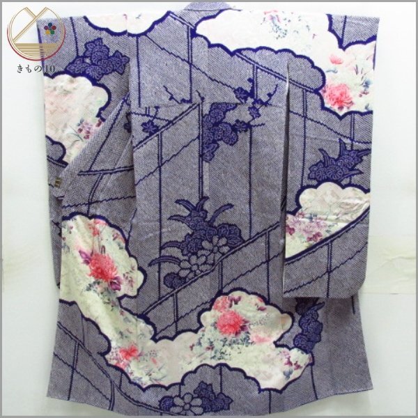 * kimono 10* 1 jpy silk long-sleeved kimono total aperture stop silver .. length 166cm.66cm [ including in a package possible ] ***