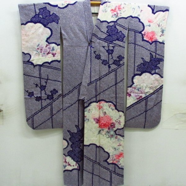* kimono 10* 1 jpy silk long-sleeved kimono total aperture stop silver .. length 166cm.66cm [ including in a package possible ] ***