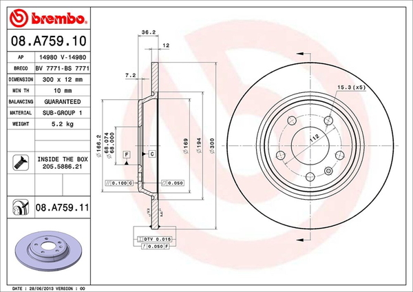 A4(B8) 8KCDN ブレーキローター リア左右セット ブレンボ ブレーキディスク 08.A759.11 brembo BRAKE DISC リアのみ ディスクローター_画像2