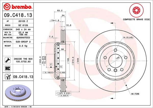 E60 RH12 ブレーキローター リア左右セット ブレンボ ブレーキディスク 09.C418.13 brembo BRAKE DISC リアのみ ディスクローター_画像2