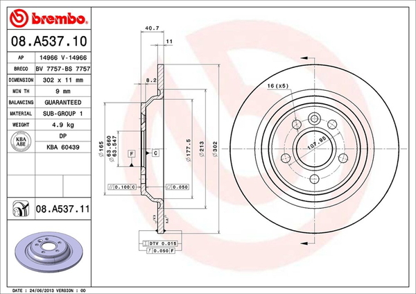 V60 FB4164T ブレーキローター リア左右セット ブレンボ ブレーキディスク 08.A537.11 brembo BRAKE DISC リアのみ ディスクローター_画像2