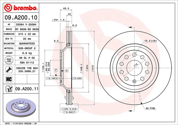 ブレンボ ブレーキディスク リア左右セット A3ハッチバック 8PBDBF/8PBMJF 09.A200.11 brembo BRAKE DISC ブレーキローター_画像2