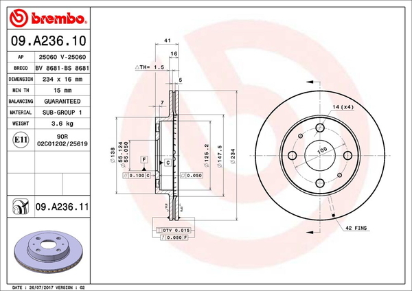 ブレンボ ブレーキディスク フロント左右セット ミラ L285V 09.A236.11 brembo BRAKE DISC ブレーキローター ディスクローター_画像2