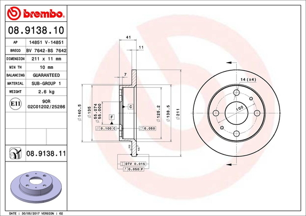 ブレンボ ブレーキディスク フロント左右セット ピクシスエポック LA300A 08.9138.11 brembo BRAKE DISC ブレーキローター_画像2