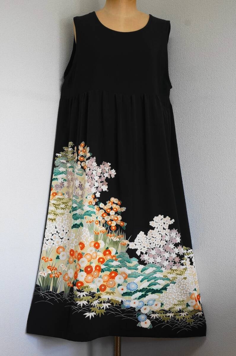  kimono remake * jumper skirt * kurotomesode * floral print * with defect 