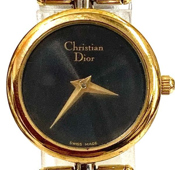 Christian Dior クリスチャン・ディオール クォーツ レディース腕時計 3025 黒文字盤 金メッキ SS 電池交換済み fah 5A051_画像6