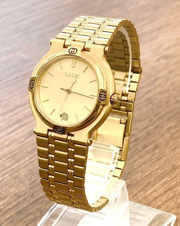 GUCCI グッチ メンズ 腕時計 9200M クォーツ デイト ゴールドカラー 電池交換済 fah 5A038_画像1