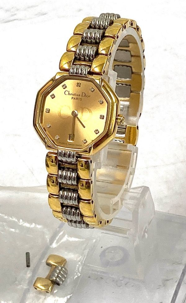 Christian Dior クリスチャン ディオール クォーツ 腕時計 コンビ ゴールド文字盤 オクタゴン デイト レディース 電池交換済み fah 5A045_画像1