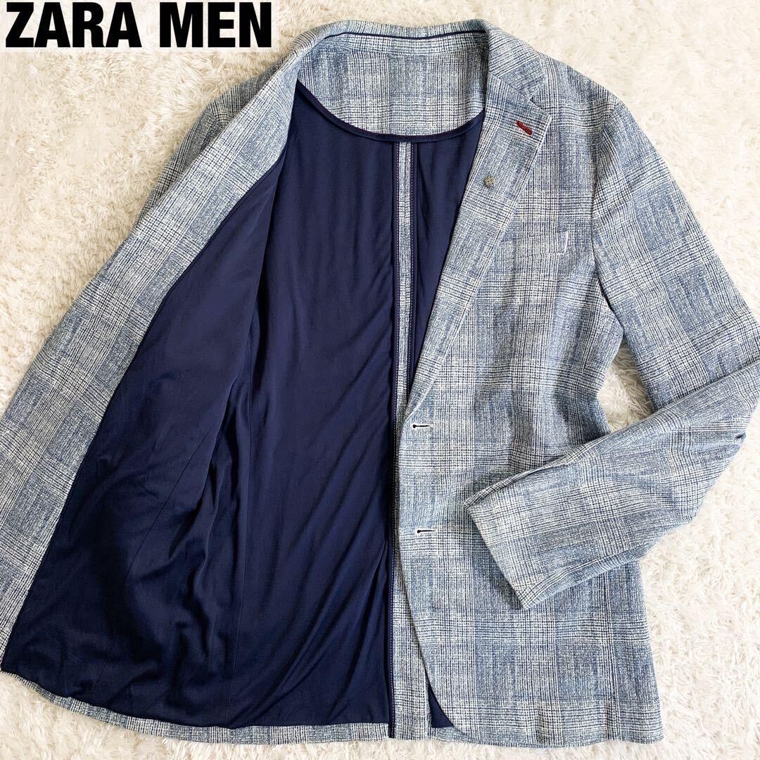 極美品 Lサイズ 極上サマーツイード ストレッチ ZARA MAN ブートニエール付き メンズ テーラードジャケット アンコンジャケット 春夏 ザラ_画像1