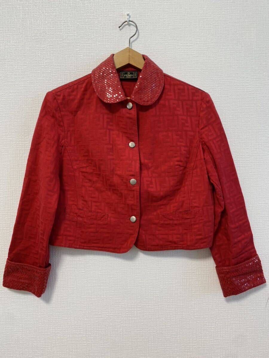 5-41 FENDI フェンディ ジャケット アウター 上着 長袖 ズッカ柄 総柄 赤 レッド コットン100% イタリア製 女性用 レディース の画像1
