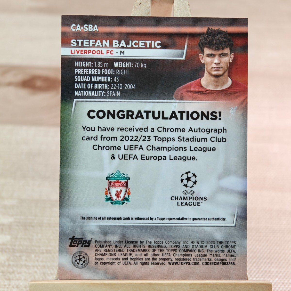 ステファン・バイチェティッチ 2022-23 Topps Stadium Club Chrome UEFA Stefan Bajcetic Autograph Auto Liverpool RC 直筆サインカードの画像2