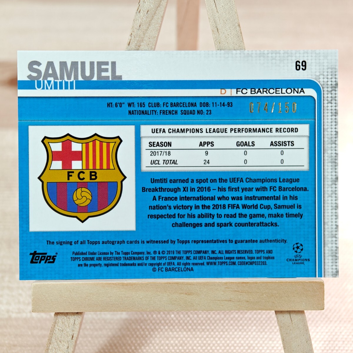 150枚限定 サミュエル・ユムティティ 2018-19 Topps Chrome UEFA Blue Auto Refractor Samuel Umtiti 074/150 Barcelona 直筆サインカードの画像2