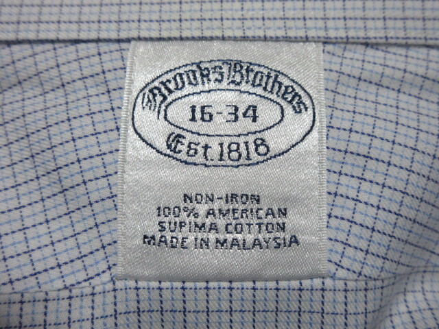 Brooks Brothers　ブルックスブラザーズ　長袖シャツ　16-34　ホワイト地/ブルー系チェック　綿100%　ダブルカフス　カラーキーパー2ヶ付！_⑥ 織ネーム：拡大