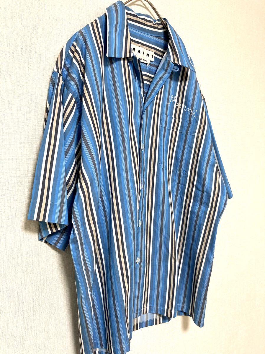 マルニ　marni ロゴ刺繍　ストライプ　オープンカラー　シャツ　半袖　メンズ　トップス ブルー　青　46_画像2