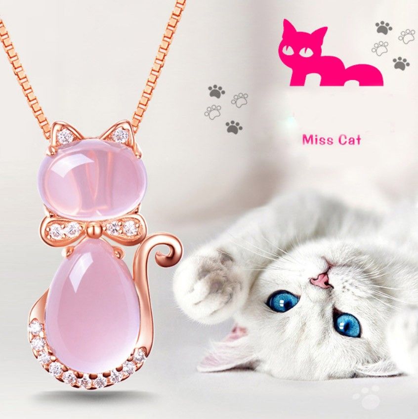 送料無料！ピンククリスタルストーン猫のペンダントネックレス・かわいいネコモチーフ・おしゃれ