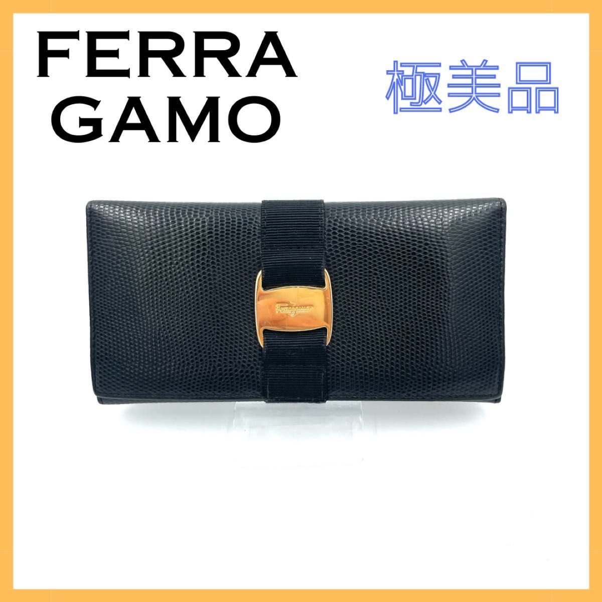 Salvatore Ferragamo フェラガモ ヴァラリボン レザー 長財布 レディース ブラック ゴールド 美品 黒 美品