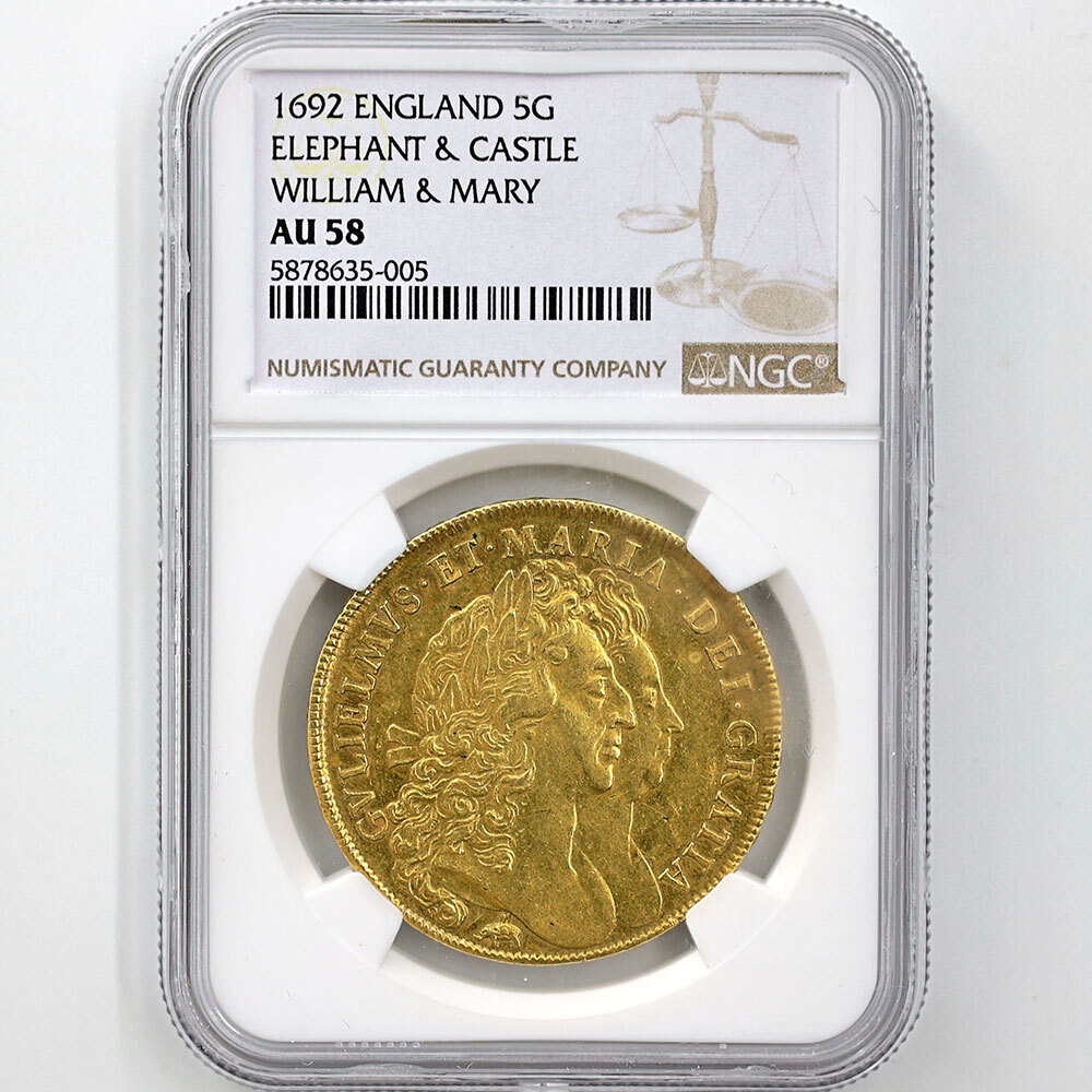1692 英国 ウィリアム＆メアリー エレファントとキャッスル 5ギニー 金貨 NGC AU 58 極美品 イギリス 金貨_画像1