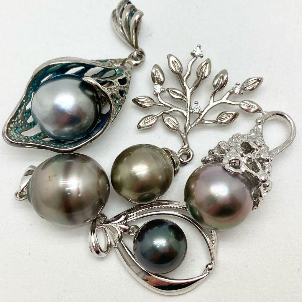 「南洋黒蝶真珠ペンダントトップ 5点おまとめ」m 重量約25g 黒真珠 pearl pendant top silver CE0_画像2