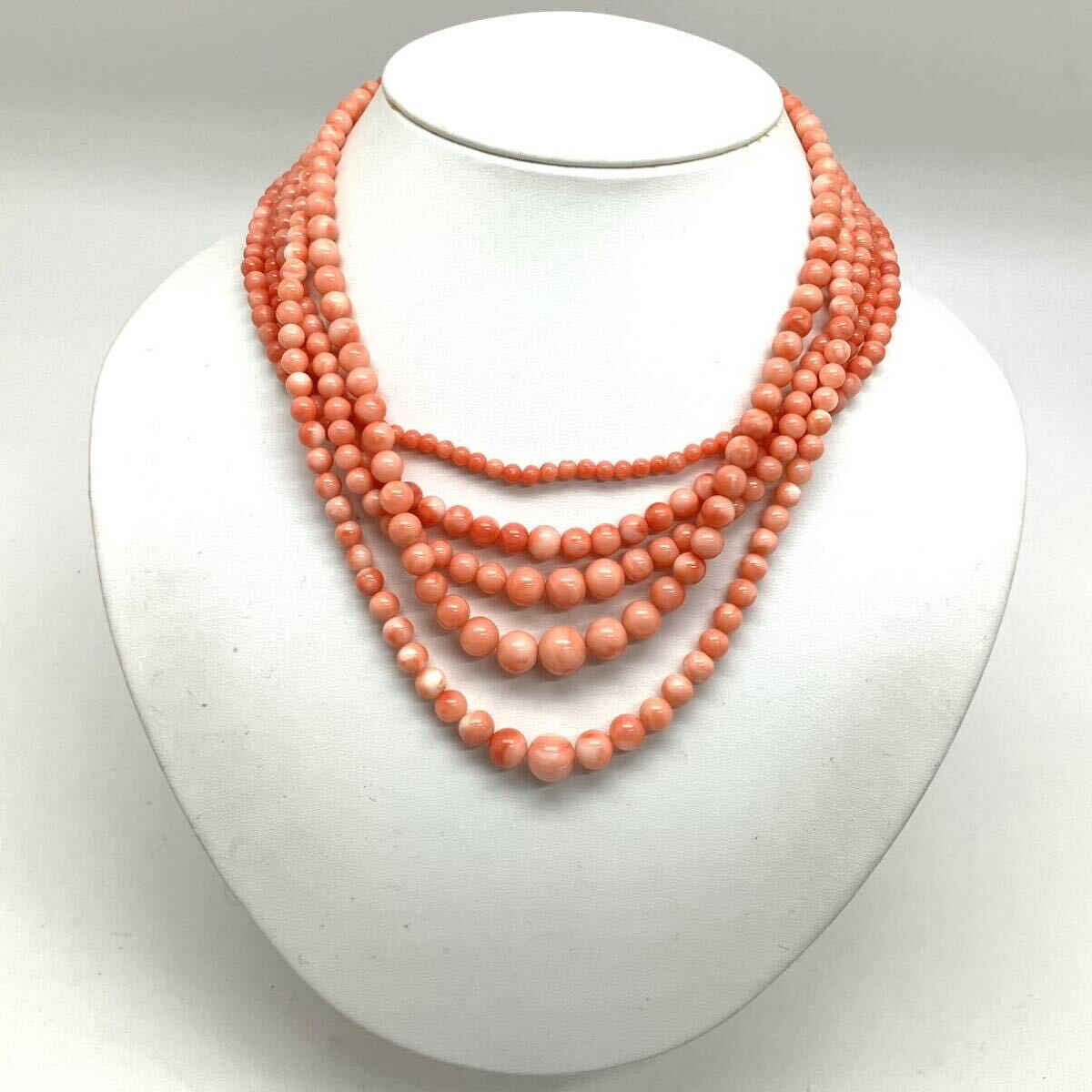 ［珊瑚ネックレス5点おまとめ］m 重量約87.0g サンゴ さんご 丸玉 桃色 necklace coral コーラル silver DB0の画像2