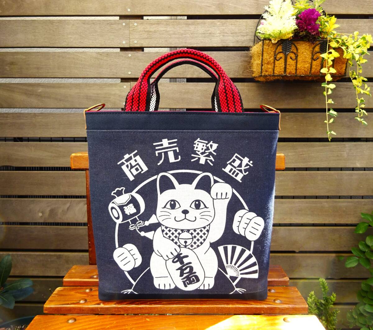 * free shipping * maneki-neko pattern × canvas quotient ... thousand customer ten thousand . tote bag middle size # apron cord bottom board &D can & fastener . hand decoration attaching handmade & original goods 