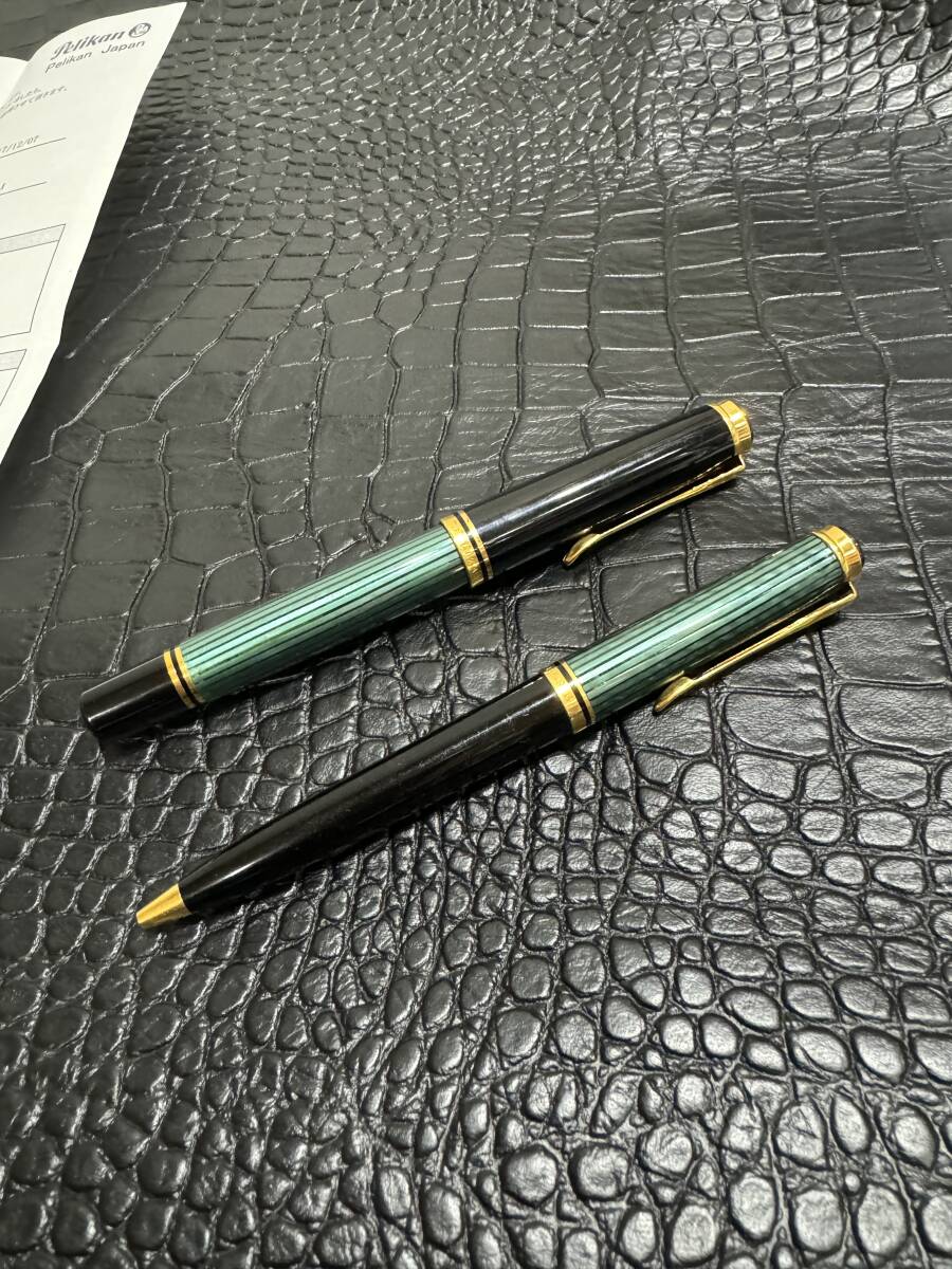 ペリカン 緑縞 M　M800? #800（メーカーでオーバーホール後未使用） と K800?　万年筆とボールペンのセット_画像1