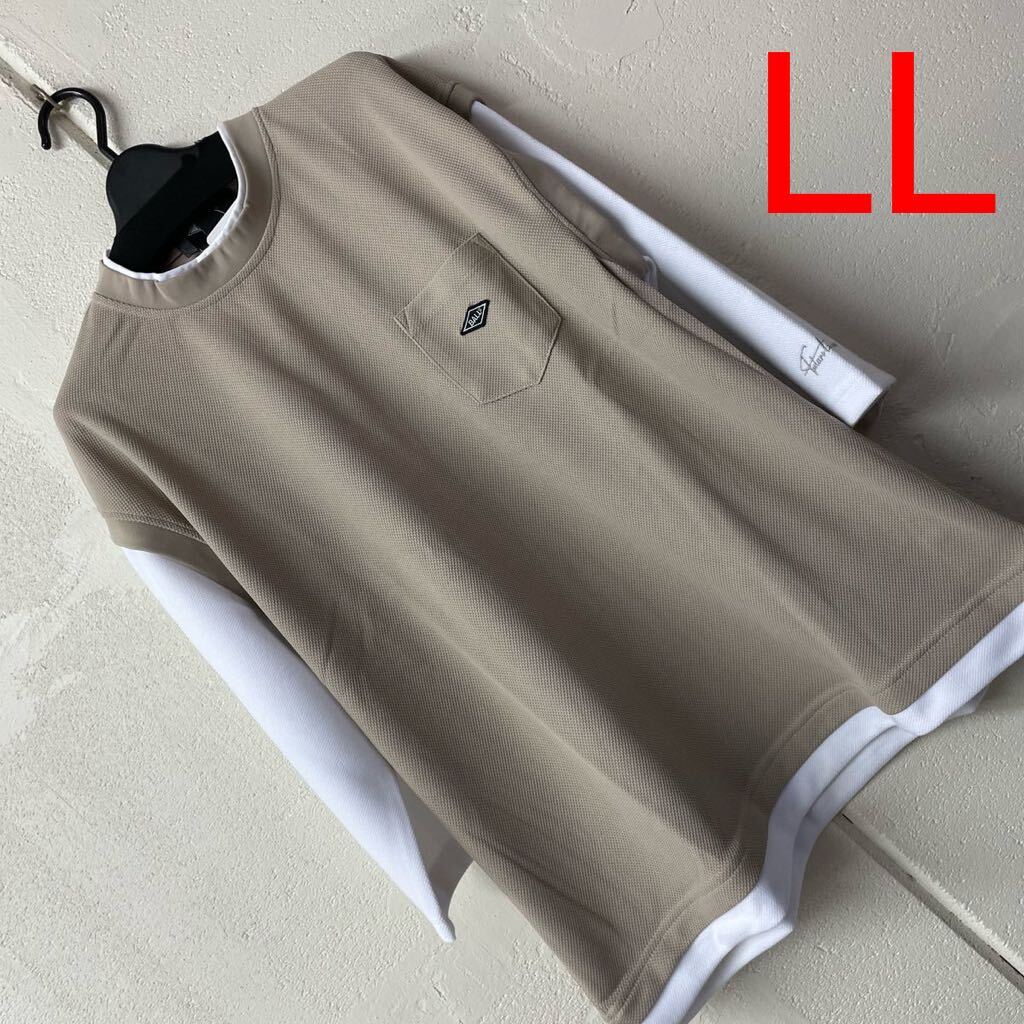  with translation LL size men's BALL waffle cloth 7 minute sleeve T-shirt beige white 