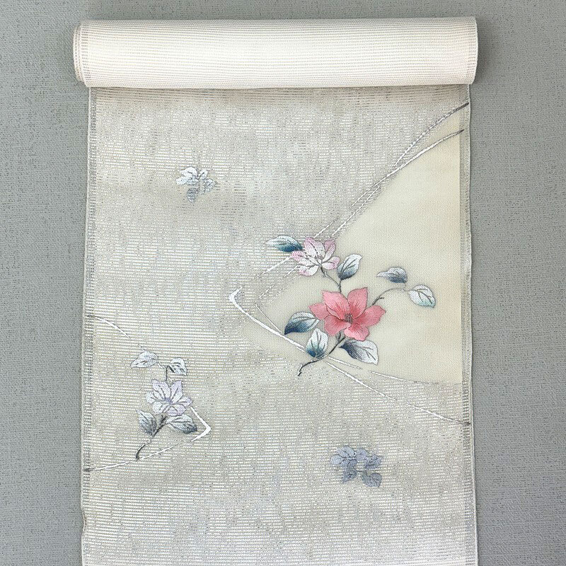 2405A-2012●関着/名古屋帯/西陣織/夏物/絽/刺繍/花柄/新品/未仕立て/正絹/(梱包サイズ：60)_画像1