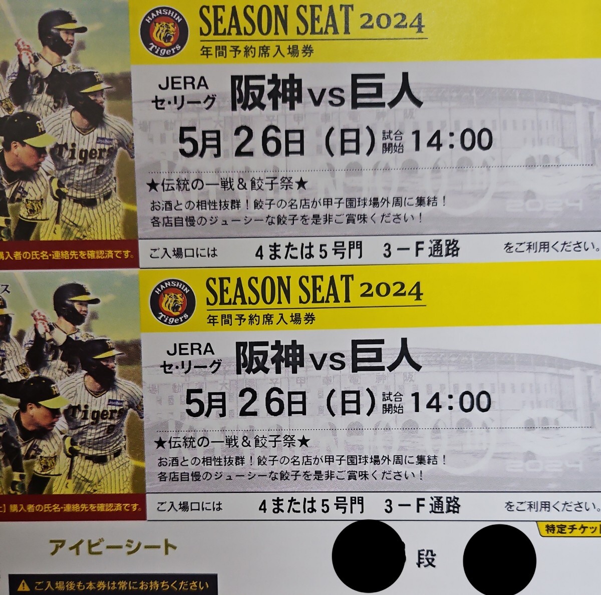 5月26日（日）阪神甲子園球場☆阪神タイガースvs読売ジャイアンツ☆一塁側アイビーシート☆通路側☆ペアチケット☆阪神対巨人☆2連番☆良席_画像1