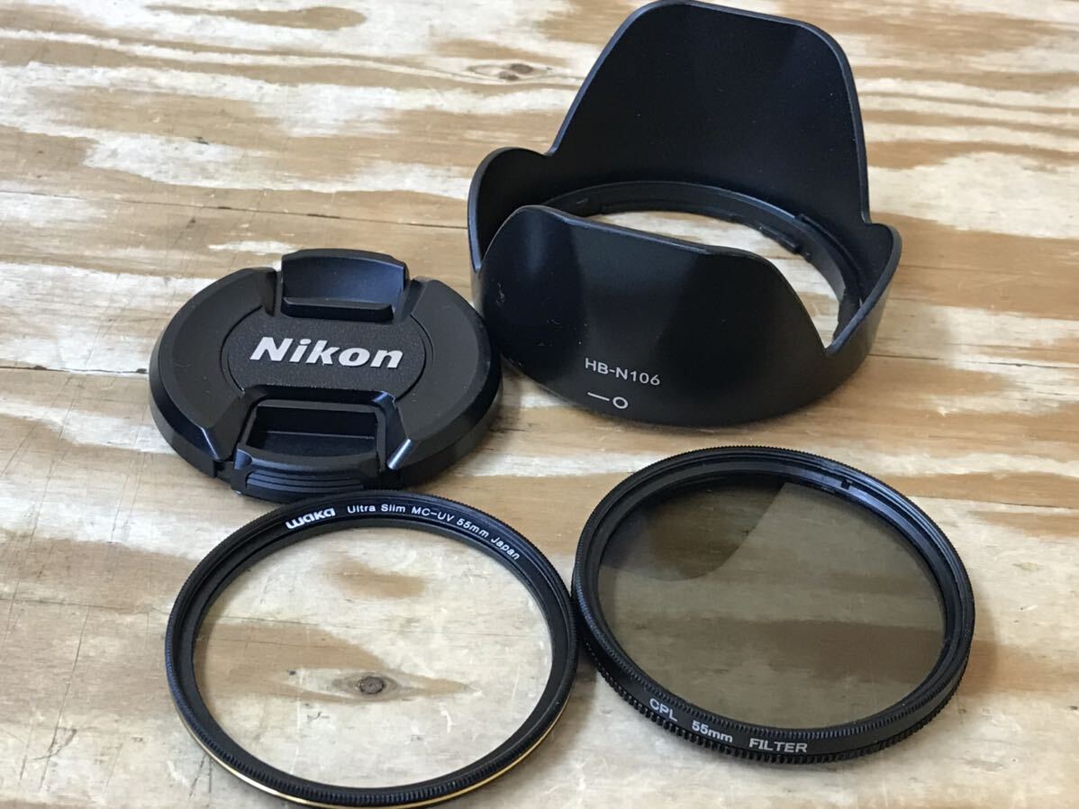 mK 60 ニコン レンズ ⑤ Nikon AF-P DX NIKKOR 18-55mm 1:3.5-5.6G VR φ55 フード HB-N106 フィルター セット ※動作未確認、ジャンク扱いの画像4