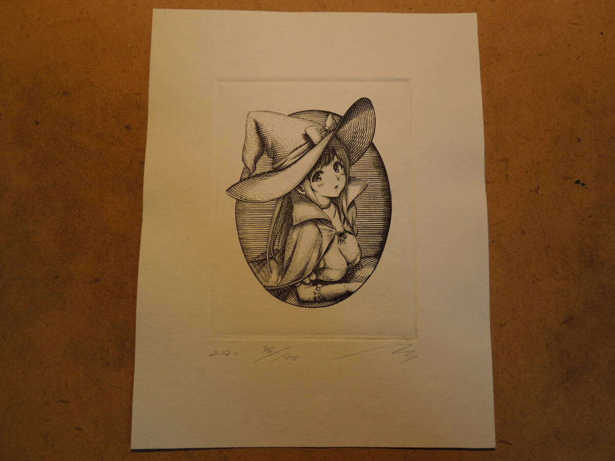 ★旧萌銅版画 　Engraving　copperprint　銅版画　紙幣　旧札　日本円　手描きイラスト　かわいい　art 版画　絵画　二次元_画像1