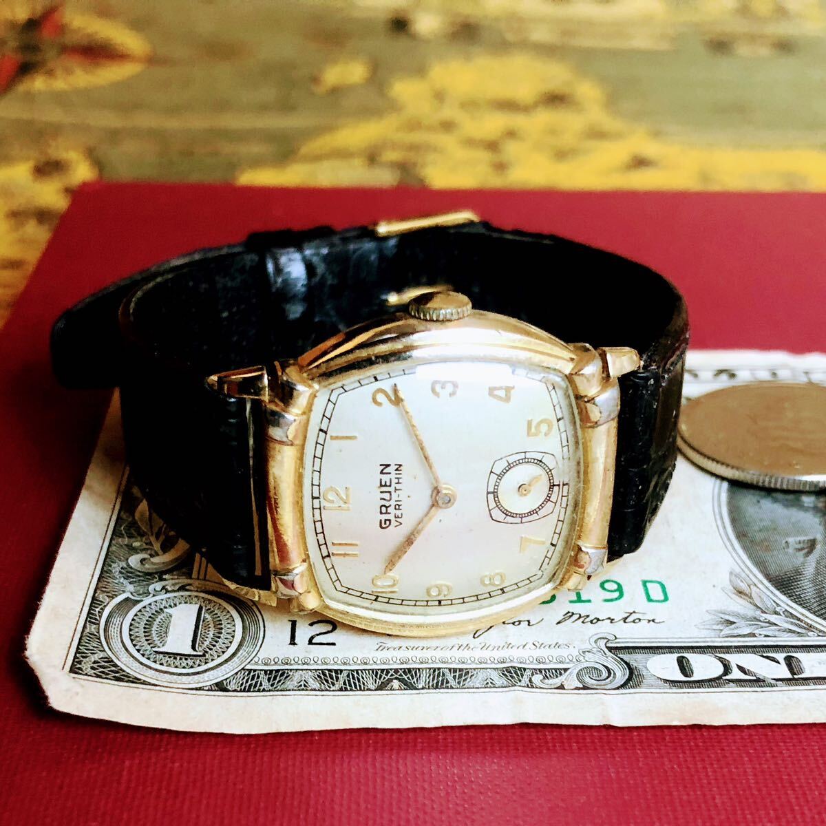 #3047【シックでお洒落】メンズ 腕時計 グリュエン 機械式 手巻き GRUEN 金張り 動作品 1950年代 アンティーク ヴィンテージ 15石 四角_画像7
