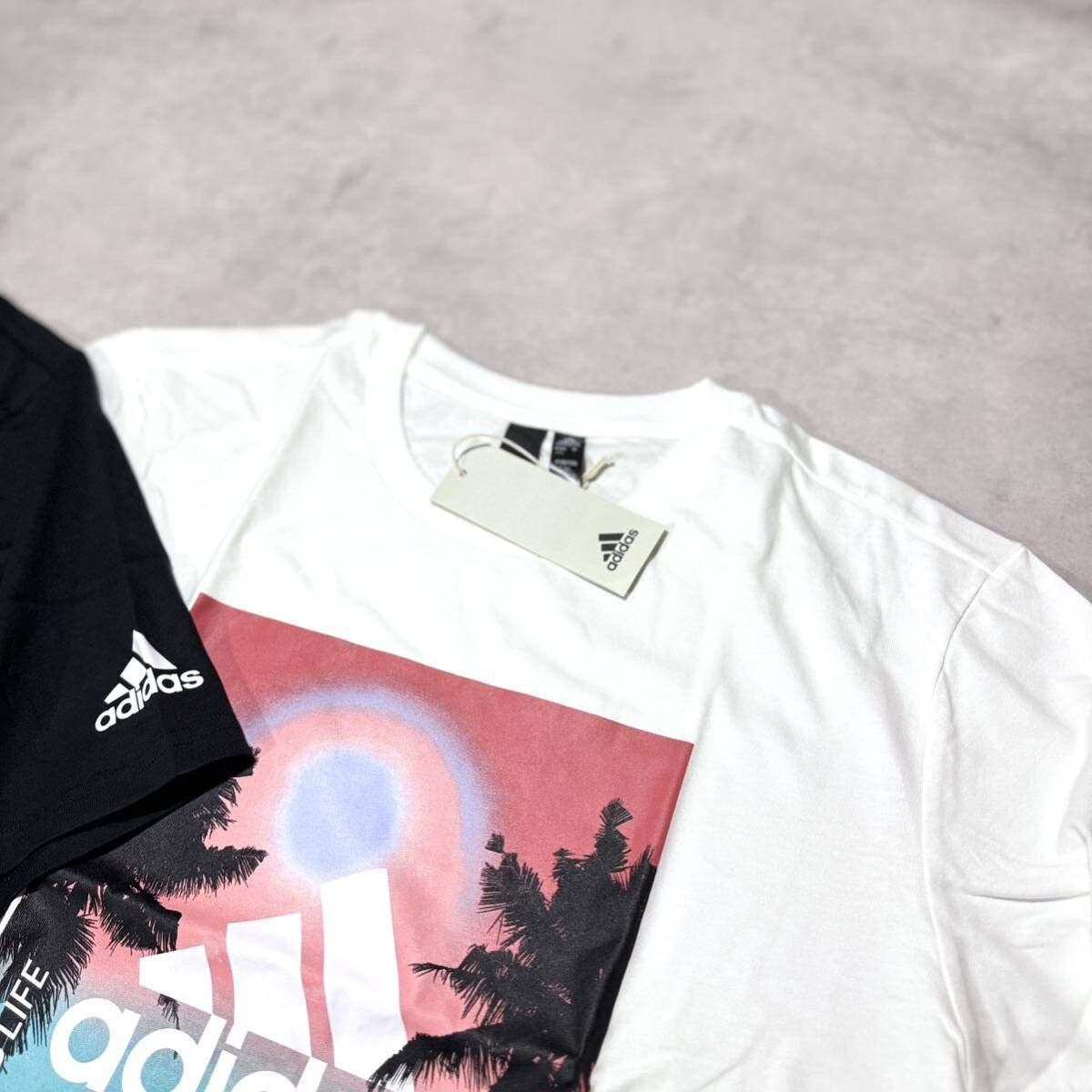 1円~ 新品 Lsize アディダス Tシャツ 2枚セット 白 黒 パームツリー 半袖 クルーネック 夏 adidas ２枚まとめ 人気 ストライプ プリント_画像5