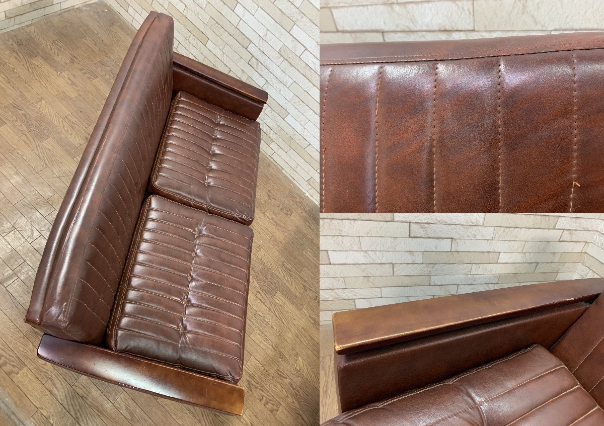  Mid-century 2 seater . arm sofa love sofa 2P lounge chair reception . imitation leather leather Brown retro Vintage (.487)