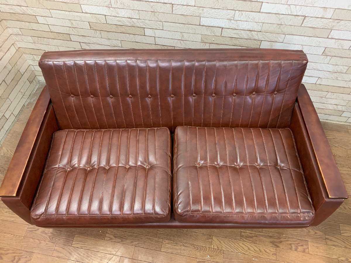  Mid-century 2 seater . arm sofa love sofa 2P lounge chair reception . imitation leather leather Brown retro Vintage (.487)